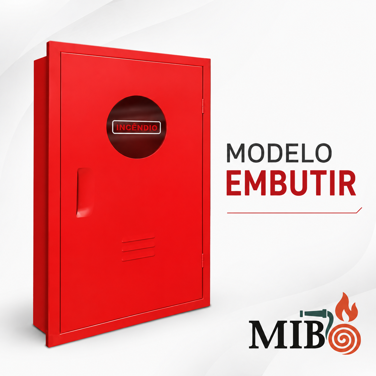 Abrigo para hidrante de embutir instalado em parede para acomodar mangueira de incêndio, esguicho, válvula e acessórios do sistema de hidrantes