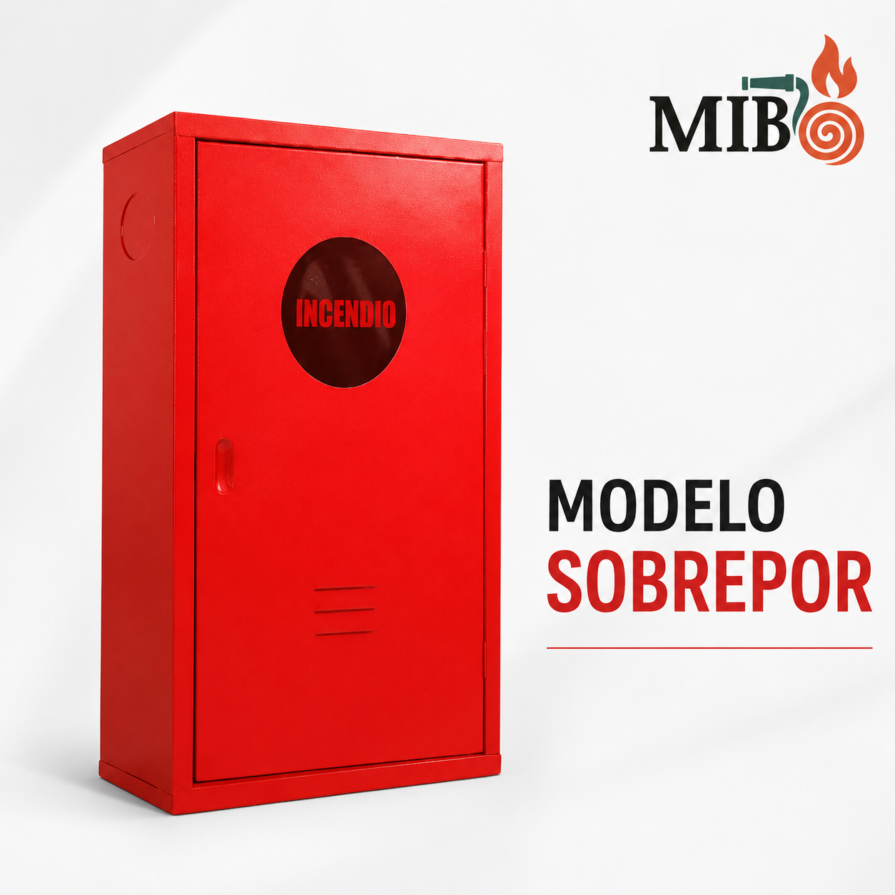 Abrigo para hidrante de sobrepor instalado diretamente sobre a parede para acomodar mangueira de incêndio, esguicho, válvula angular e acessórios do sistema de hidrantes