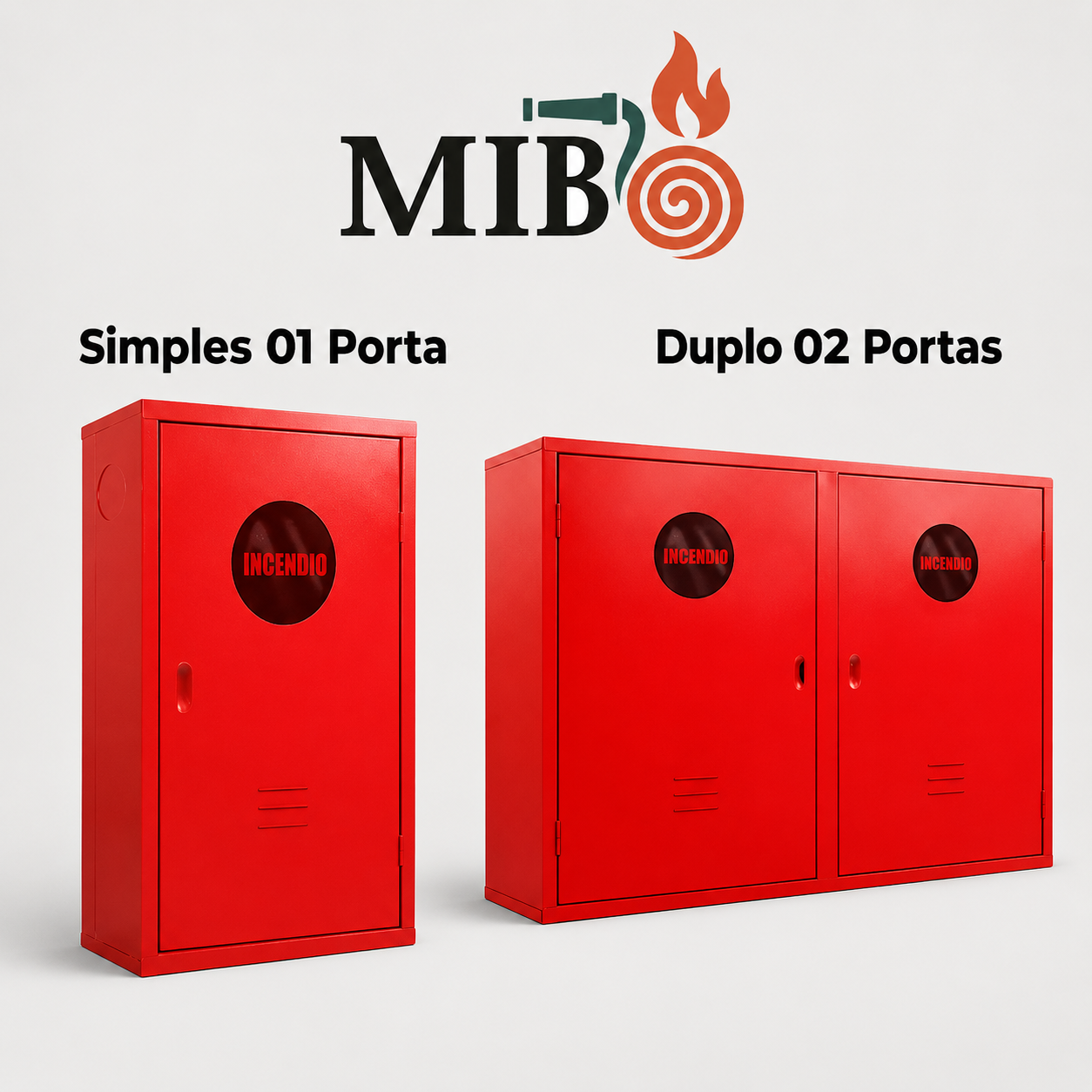Abrigo para hidrante com porta simples e abrigo para hidrante com porta dupla para acomodação de mangueira de incêndio, esguicho, válvula e acessórios do sistema de hidrantes