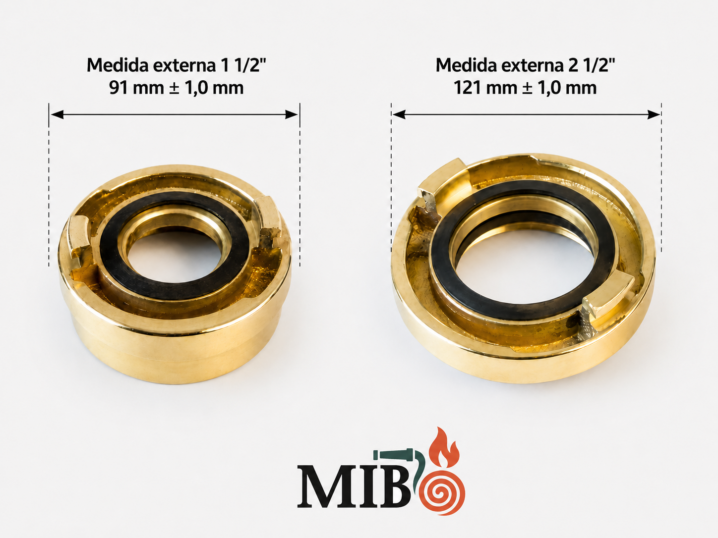 Medidas externas do adaptador Storz 1 1/2 polegada com 91 mm e 2 1/2 polegadas com 121 mm para mangueira de incêndio