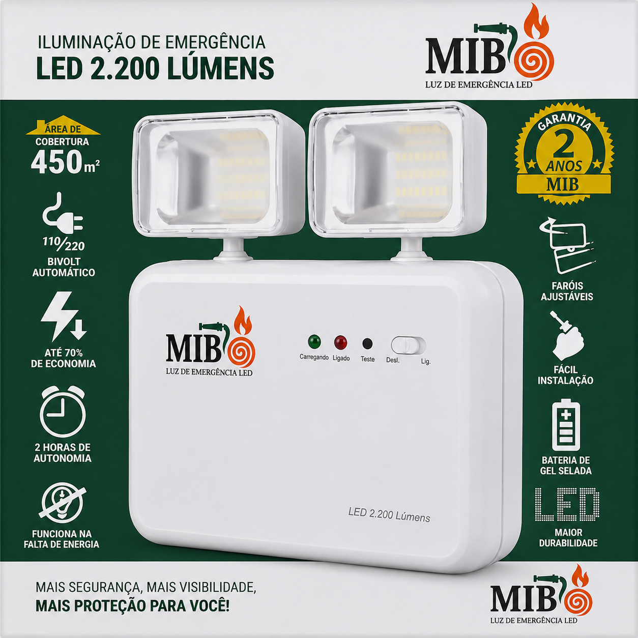 Bloco autônomo de emergência 2200 lúmens com dois faróis LED para iluminação de áreas amplas conforme ABNT NBR 10898