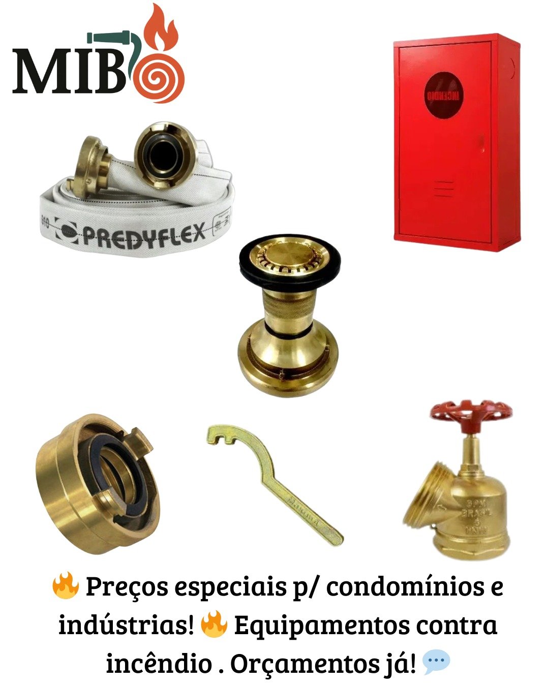 Conjunto de Hidrante de Incêndio Certificado ABNT MIB com abrigo, válvula, mangueira, esguicho e engates Storz