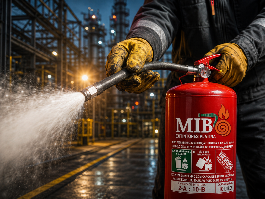 Extintor espuma mecânica para líquidos inflamáveis em ambiente industrial
