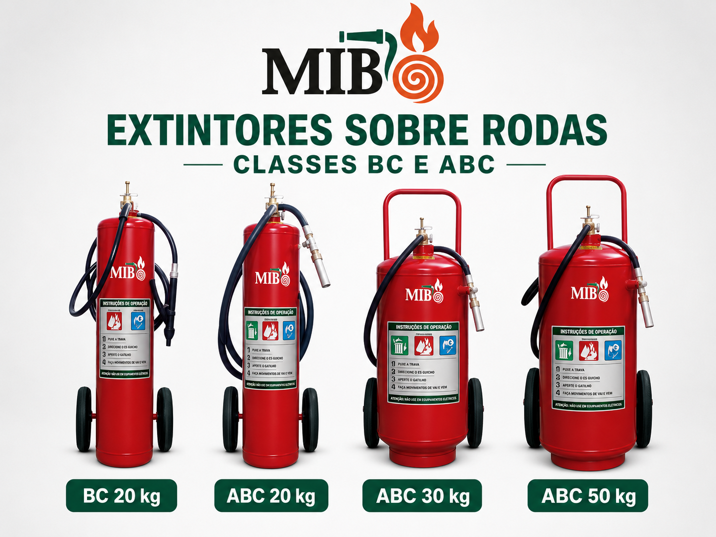 Extintores de incêndio sobre rodas classes BC e ABC em modelos de 20 kg, 30 kg e 50 kg para indústrias, empresas, condomínios e áreas técnicas