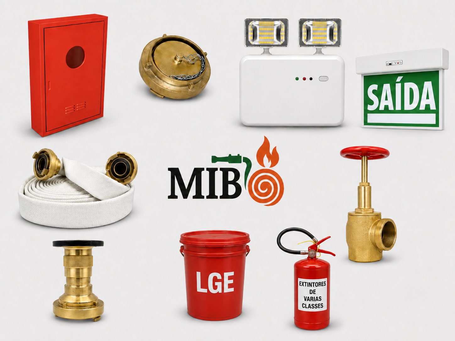 Produtos de combate a incêndio fornecidos pela MIB, incluindo mangueira de incêndio, extintor, iluminação de emergência, sinalização de saída, abrigo, válvula, alarme e acessórios para hidrantes