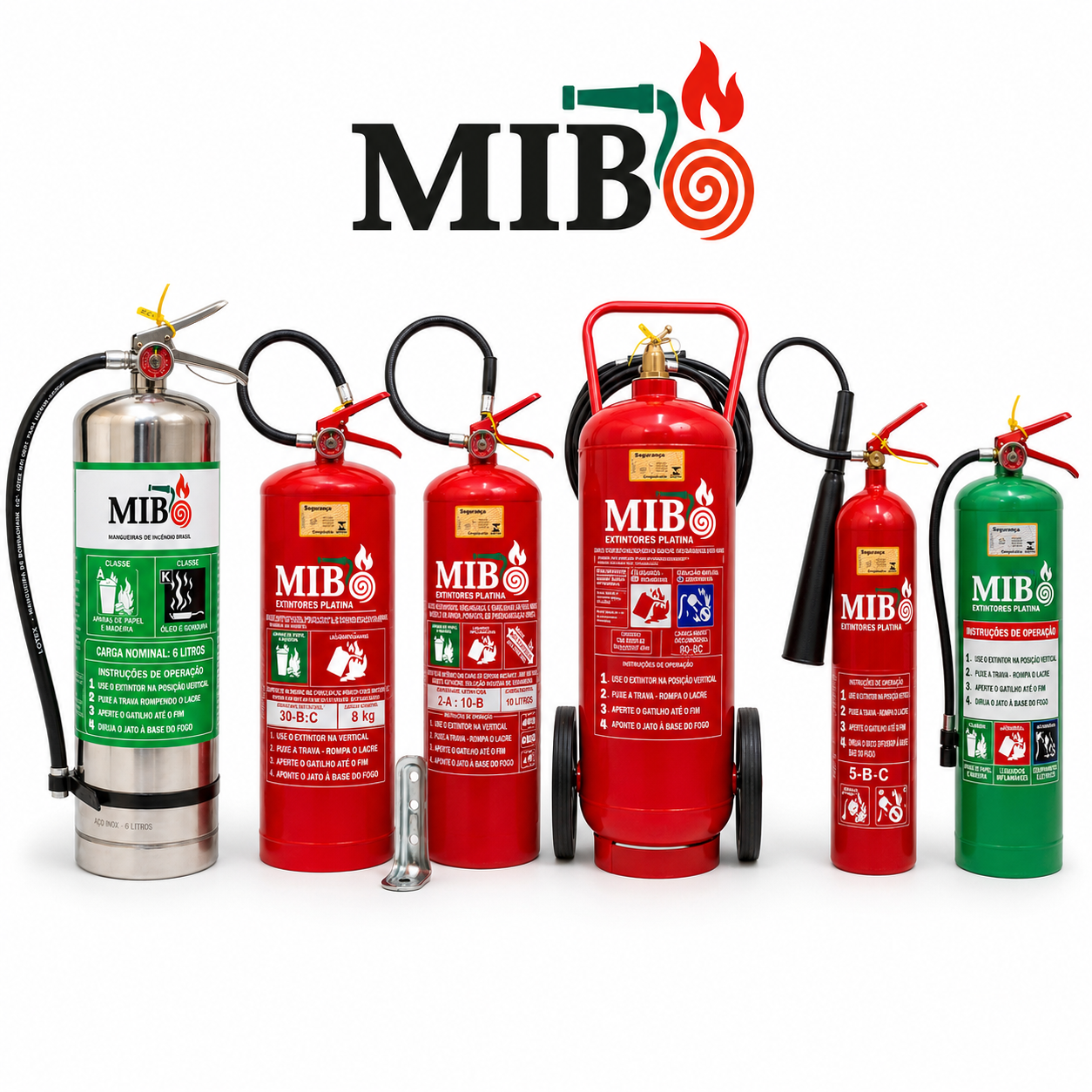 Tipos de extintores de incêndio, incluindo extintor ABC portátil 4 kg 6 kg 8 kg 12 kg, extintor CO2 portátil 6 kg, CO2 sobre rodas 10 kg 25 kg 50 kg, água, espuma, Classe K e bateria de lítio